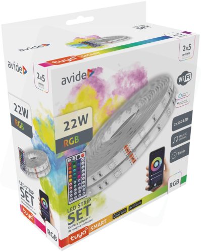Avide ALSB5050RGBTUYA44-10M LED szalag bliszter 12V 22W RGB 2x5m TUYA - Zene vez. + IR távirányító