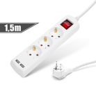 Delight 20221U 3-as hosszabbító 1,5m 3×1,5mm2-es kábellel, 2xUSB-vel, kapcsolós