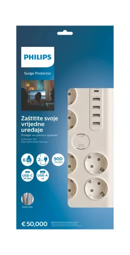 Philips SPN7060WA/58 túlfeszültségvédős elosztó, 6-os, 4xUSB-A, 1xUSB-C