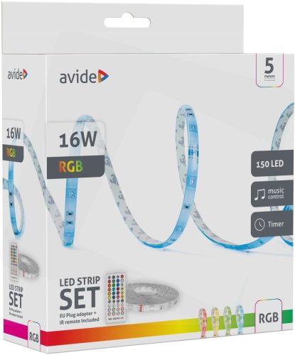 Avide ALSB5050RGBMU40-5M LED szalag 5m, bliszter, 12V/16W RGB, zene vezérlés + IR távirányító