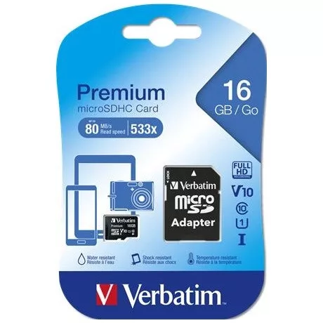 Verbatim 44082 16GB, CL10/U1, 45/10 MB/s microSDHC memóriakártya + adapter