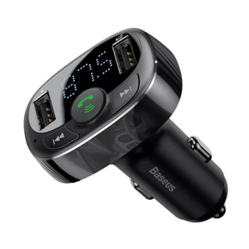 Baseus CCMT000 Bluetooth FM transmitter autós töltő 2 USB aljzat, fekete (v4.2, 3.4A, microSD kártyaolvasó, LED kijelző)
