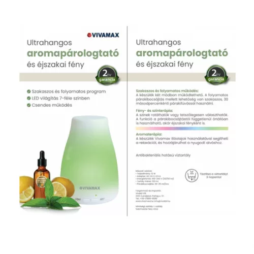 Vivamax V-100L/P ultrahangos illóolaj párologtató és éjszakai fény